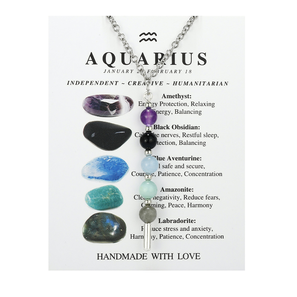 Zodiac Stone Bead Necklaces Stainless Steel Chain