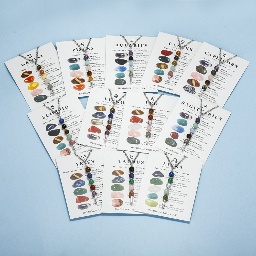 Zodiac Stone Bead Necklaces Stainless Steel Chain
